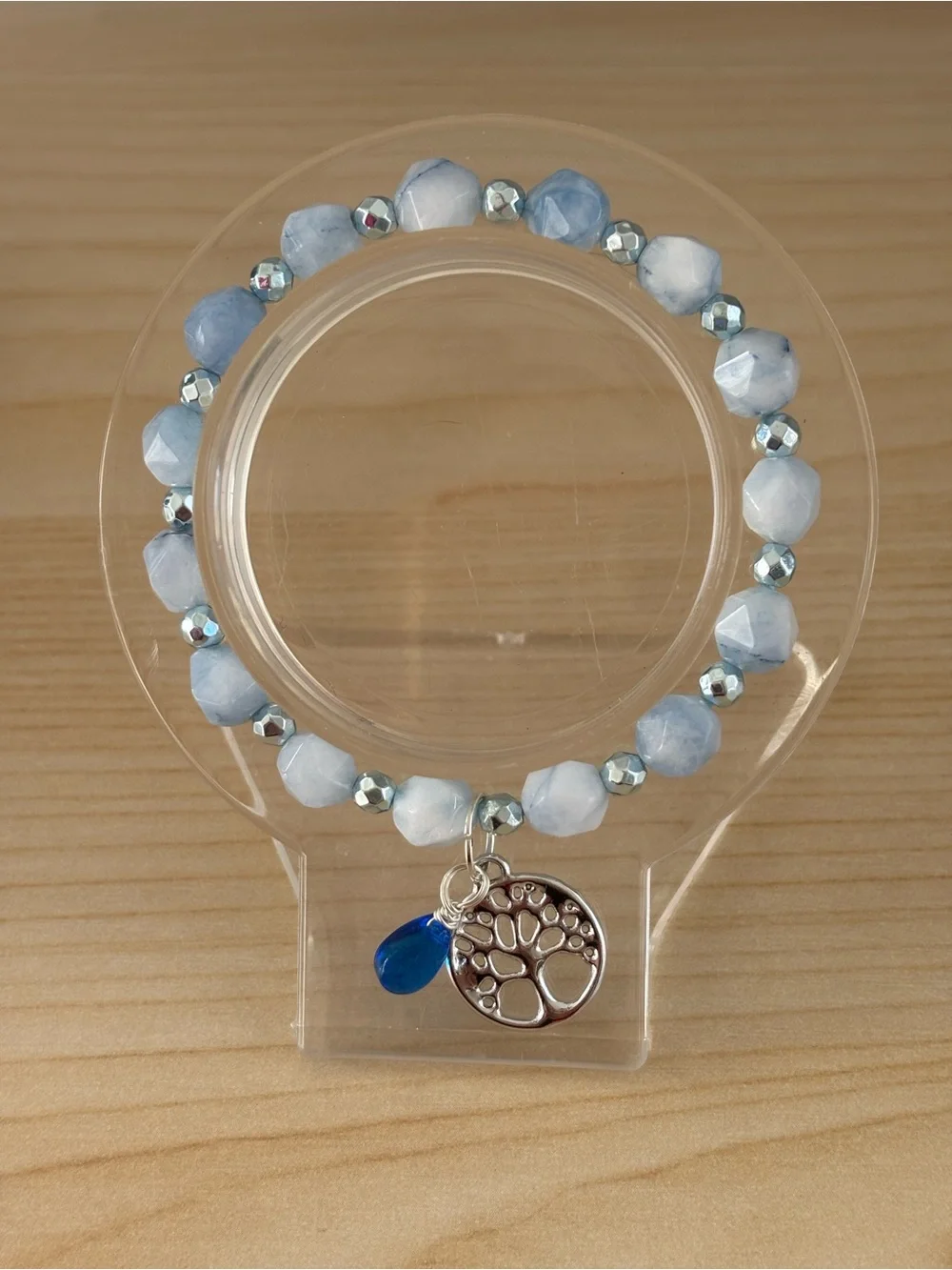 Blue Chalcedony & Blue Hematite Bracelet with Tree of Life